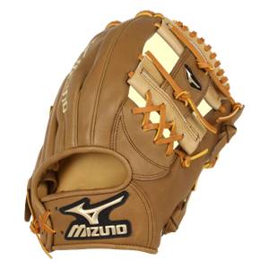 Side view of a brown baseball glove with tan lacing and a Mizuno logo.