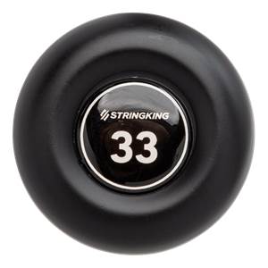 End view of a black baseball bat with a white StringKing logo and the number 33.