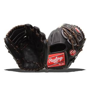 Front view of a black Rawlings baseball glove with a red Rawlings logo patch and white stitching.