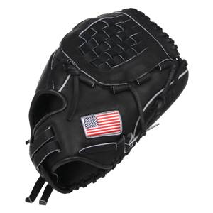 Top-down view of a black baseball glove with an American flag patch and woven finger inserts.