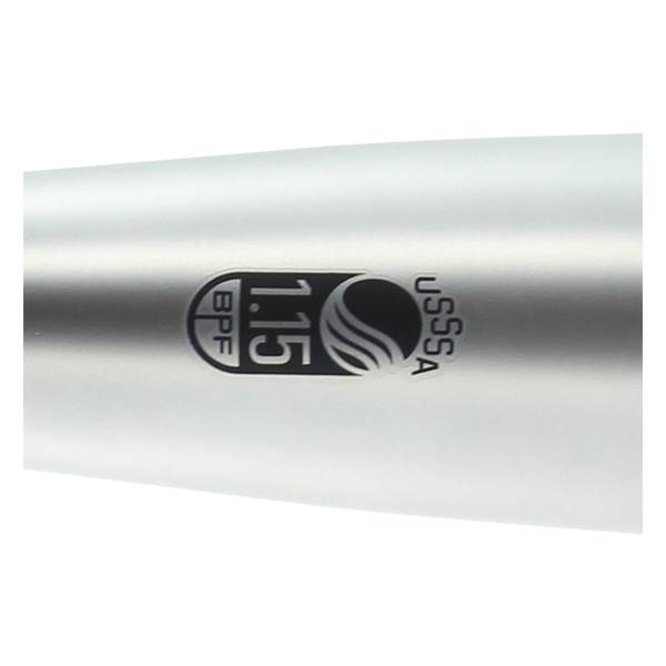 Close-up of a silver baseball bat with a black BPF 1.15 logo and USSSA text.