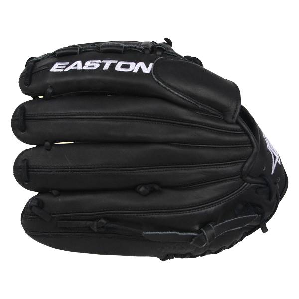 Top-down view of a black Easton glove with white embroidered branding and stitched finger stalls.