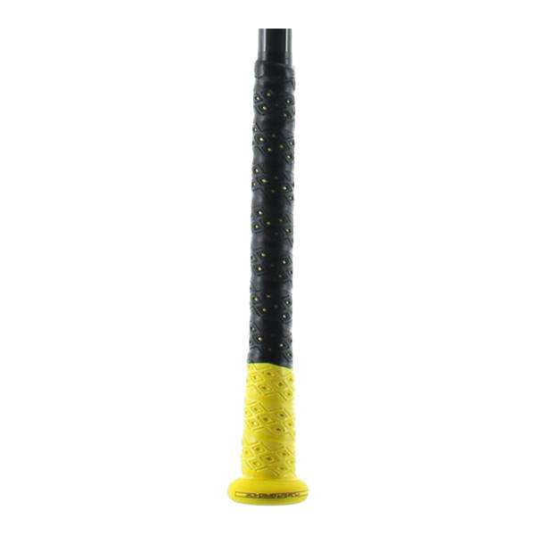 Close-up of a black and yellow baseball bat grip with diamond pattern and textured surface.
