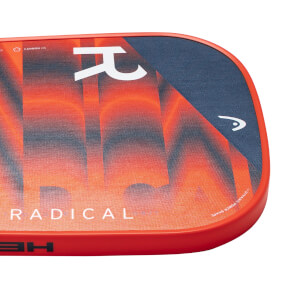 Corner view of a red pickleball paddle with a large white R and RADICAL text.