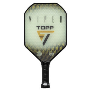 Front view of a white pickleball paddle with VIPER and TOPP text, a gold and black logo, and a textured border.