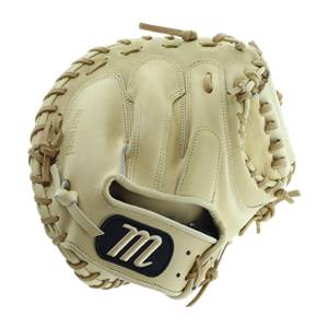 Front view of a camel catchers mitt with a black m logo and Marucci text.