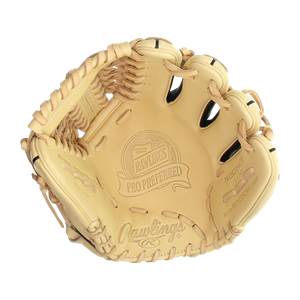 Top-down view of a tan Rawlings Pro Preferred baseball glove with embossed Rawlings and Pro Preferred logos.