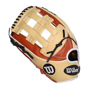 Side view of a tan and brown baseball glove with a black W logo and Wilson text.