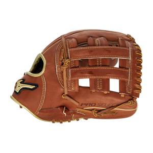 Side view of a brown baseball glove with PRO SELECT text and gold trim.