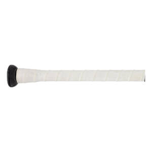 Side view of a white baseball bat grip with a black knob and textured pattern.