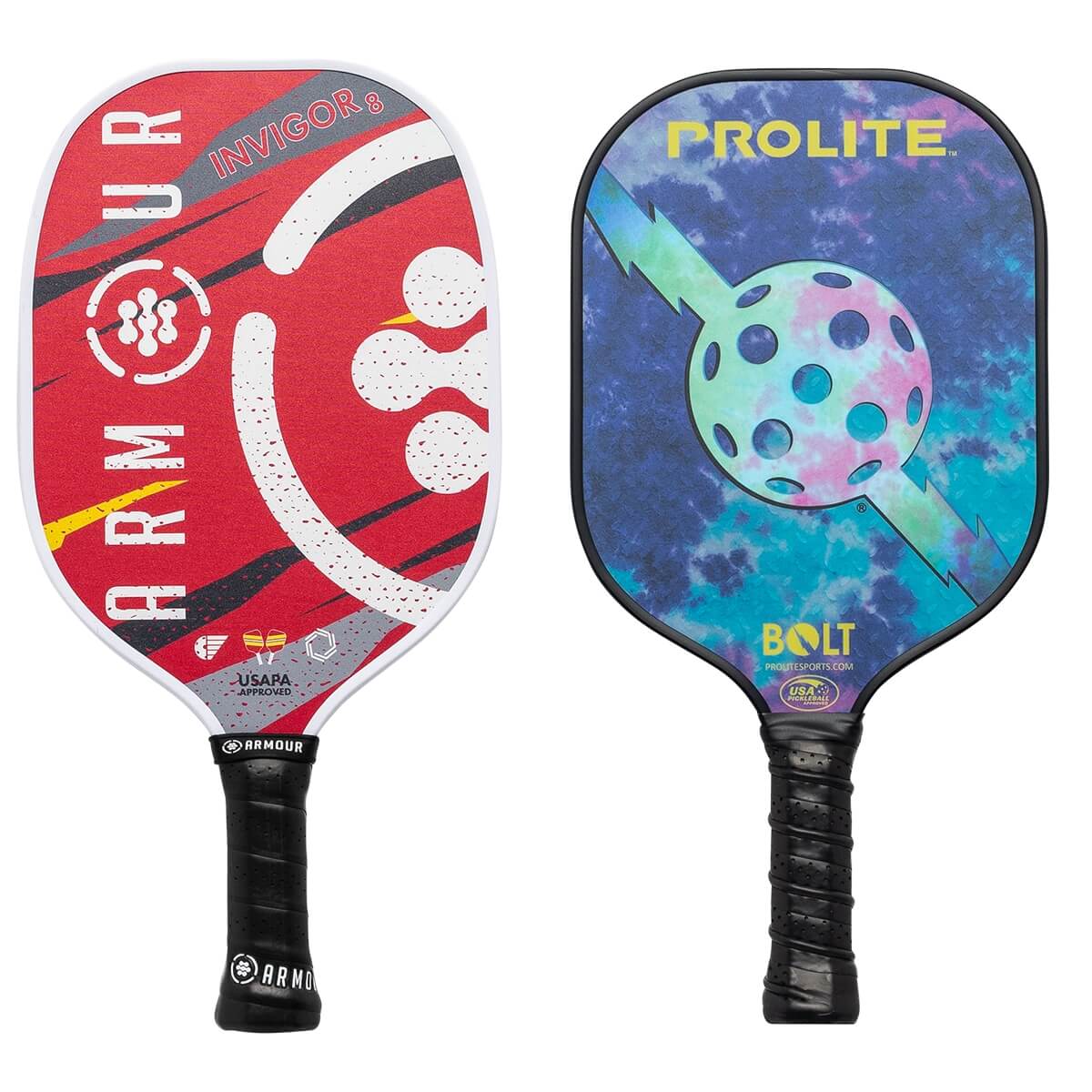 Front view of a red Armour Invigor 8 pickleball paddle beside a blue tie-dye Prolite Bolt paddle featuring a prominent lightning bolt and ball graphic.