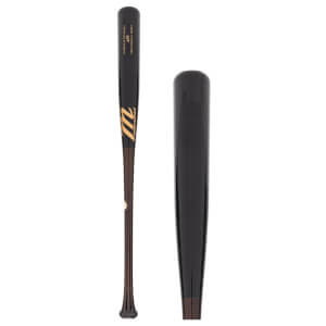 Side view of a black and brown Marucci baseball bat with gold M logo and text.