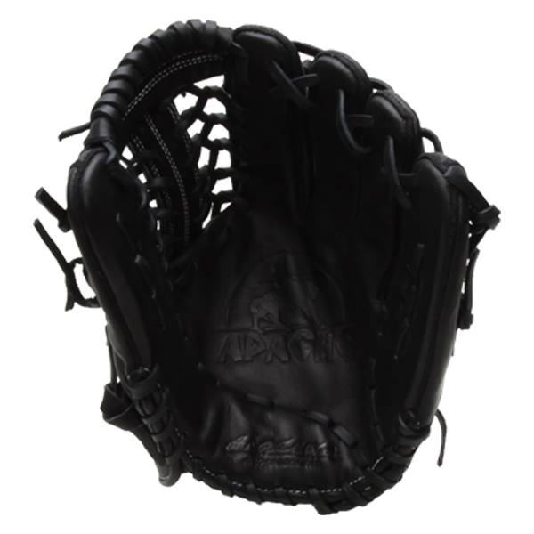 Top-down view of a black baseball glove with a webbed pocket and APACHE embossed on the palm.
