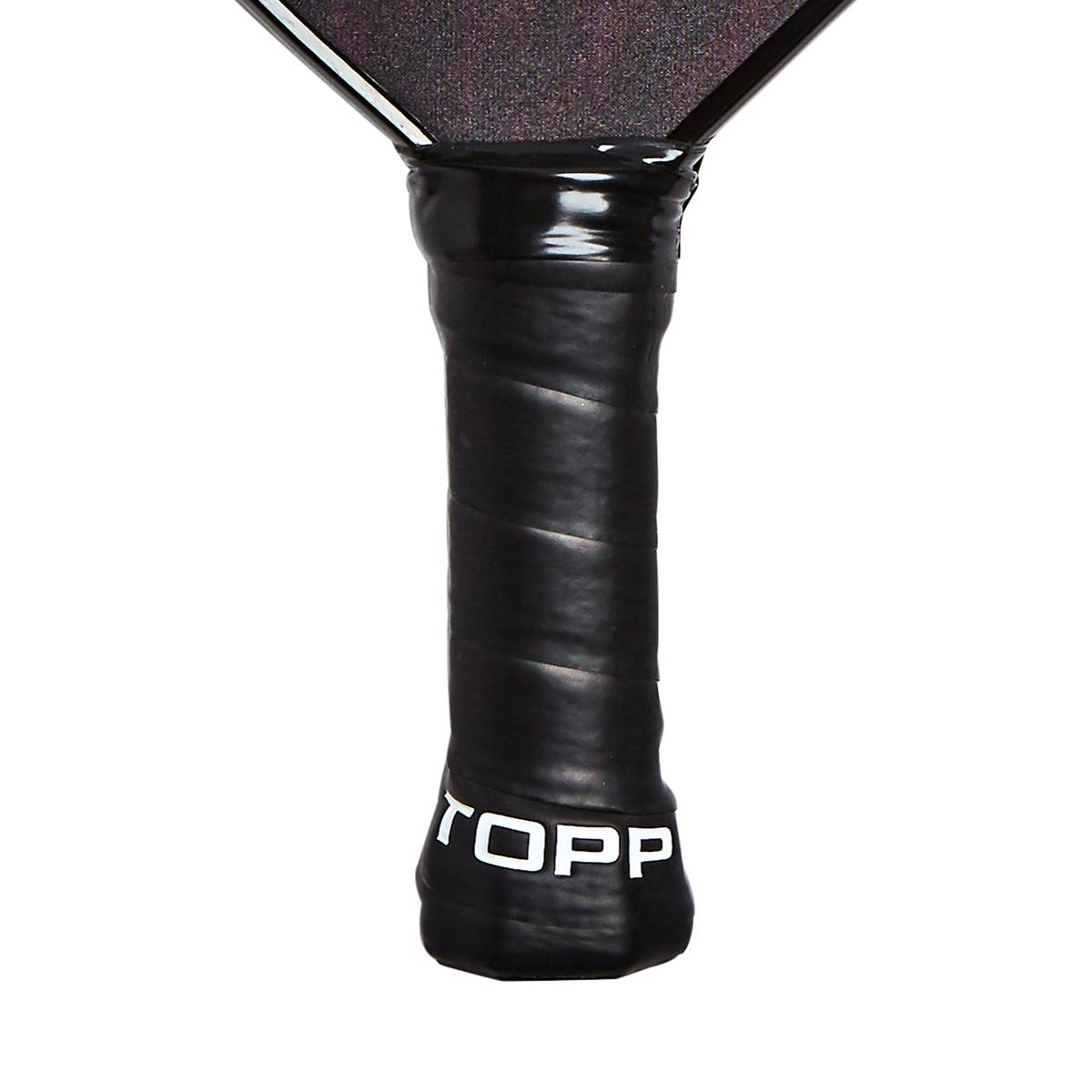 Bottom view of a black pickleball paddle grip with white TOPP branding.
