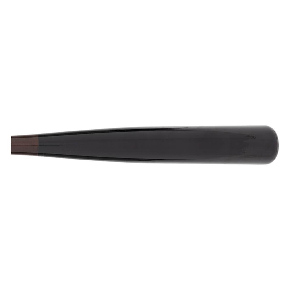 Side view of a black baseball bat with a tapered handle and rounded knob.