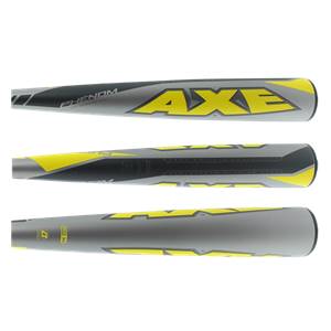Three views of a gray and yellow Axe Phenom baseball bat with AXE branding.