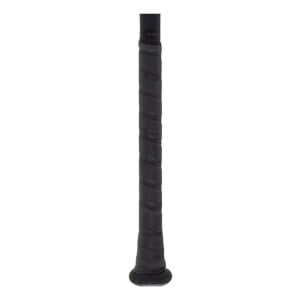 Close-up of a black baseball bat handle with spiral-wrapped textured grip tape, flared knob, and faint Easton branding.
