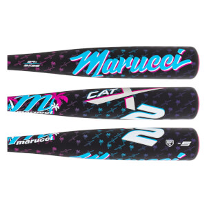 Three horizontal views show the black barrel with teal and pink palm trees and patterns, featuring large Marucci, CAT X2, and -5 branding.