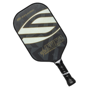 Top-down view of a black pickleball paddle with white stripes and INV IKTA text.