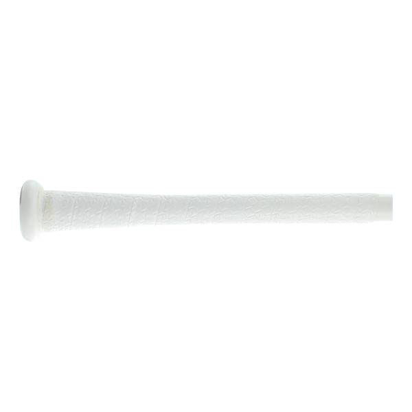 Side view of a white baseball bat with a textured grip and a rounded knob.