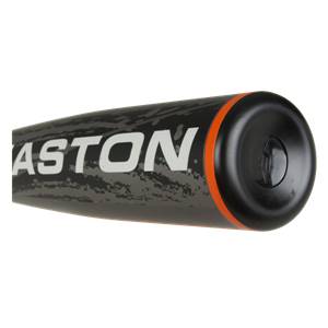 End view of a black baseball bat with orange trim and white EASTON text.