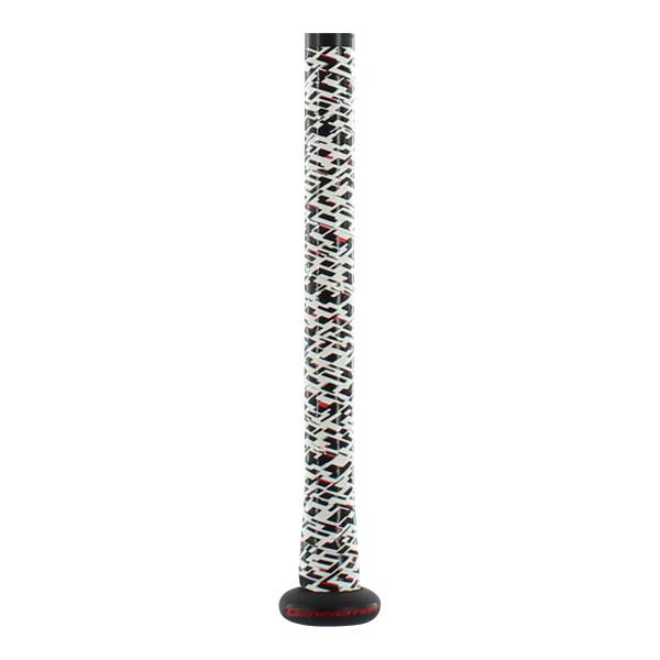 Side view of a black baseball bat with a white, red, and black geometric grip pattern and a black end cap.