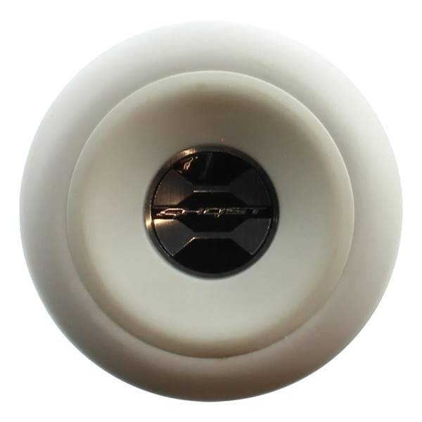 Top-down view of a white baseball bat end cap with a black GHOST logo.