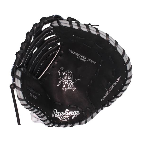 Top-down view of a black Rawlings first base mitt with white stitching, Heart of the Hide logo, and PROFM19SB-17BW text.