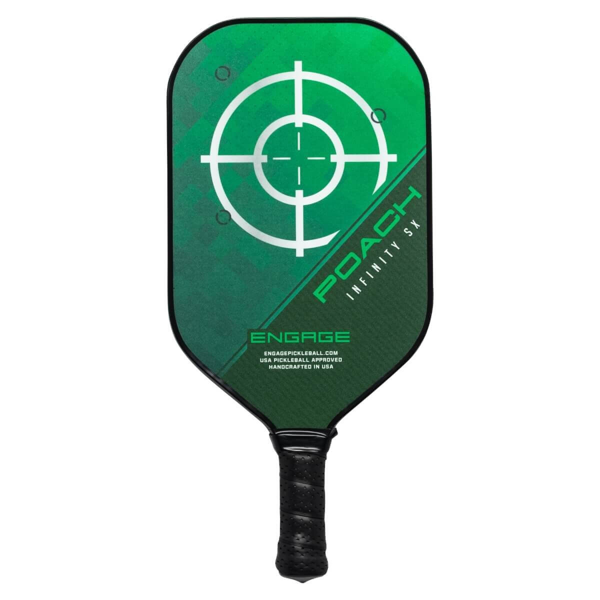 Front view of a green pickleball paddle with a target design, POACH INFINITY SX text, and ENGAGE logo.