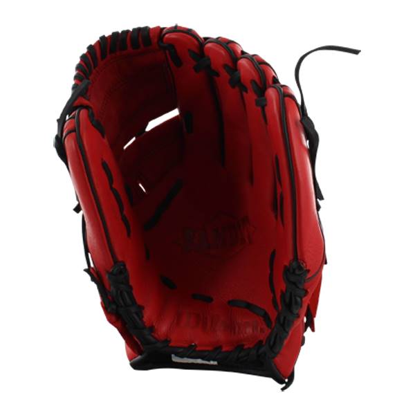 Interior view of a red baseball glove with black lacing and a debossed logo.