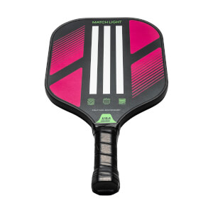 Front view of a black pickleball paddle with pink accents, white stripes, and MATCH LIGHT text.