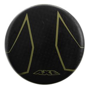 End view of a black baseball bat with gold geometric lines and AXE branding.