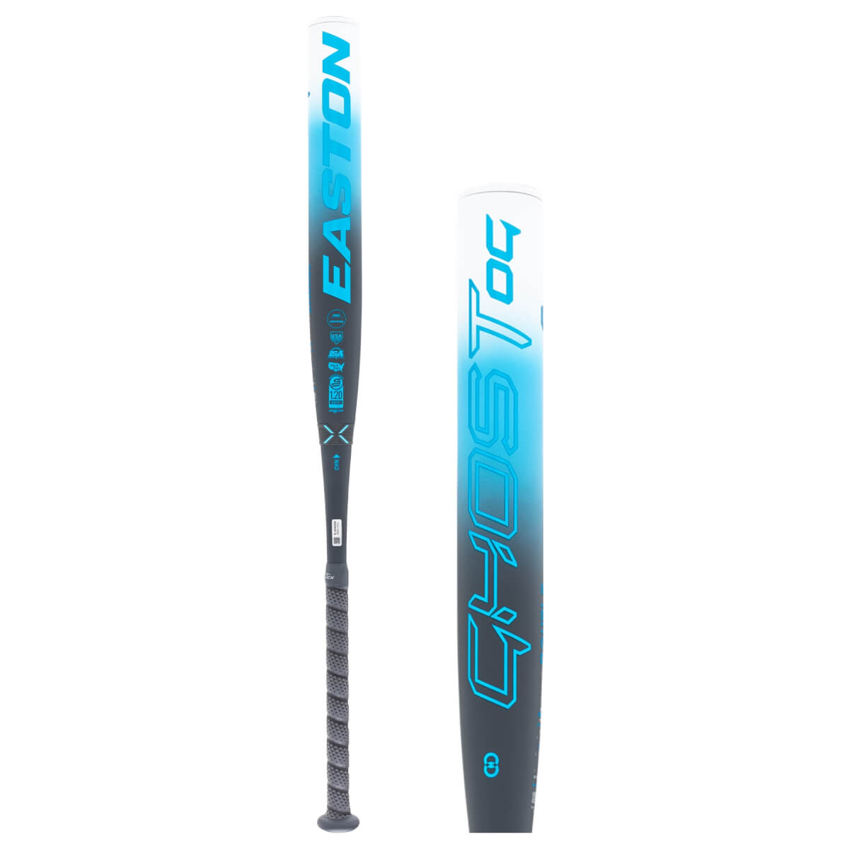 Full-length view of a white, blue, and gray fastpitch softball bat with EASTON and GHOST OG branding and a black grip.