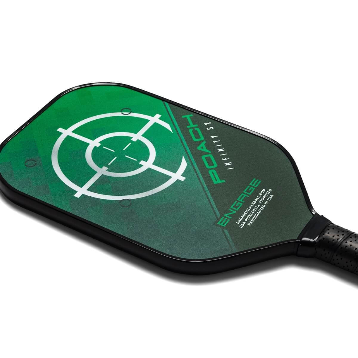 Corner view of a green pickleball paddle with a target design, POACH INFINITY SX text, and ENGAGE logo.