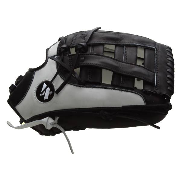Side view of a black and white softball glove with a woven web and a circular logo.