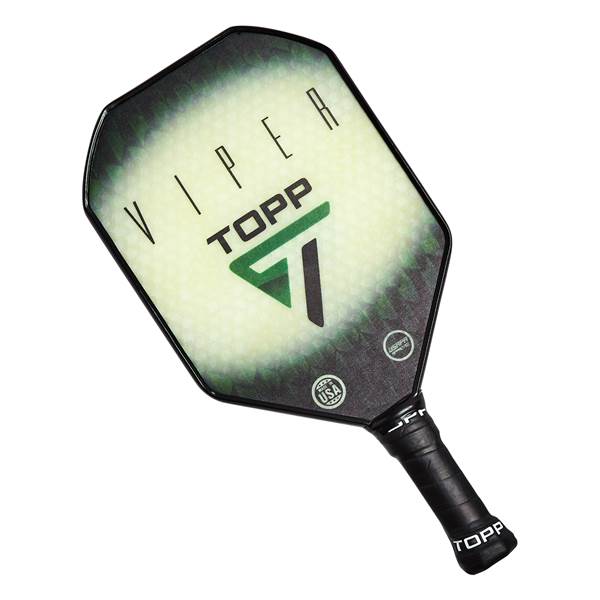 Top-down view of a black pickleball paddle with green accents, VIPER text, and a USA logo.