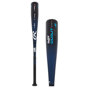Side view of a blue baseball bat with Rawlings logo and CLOUT text.