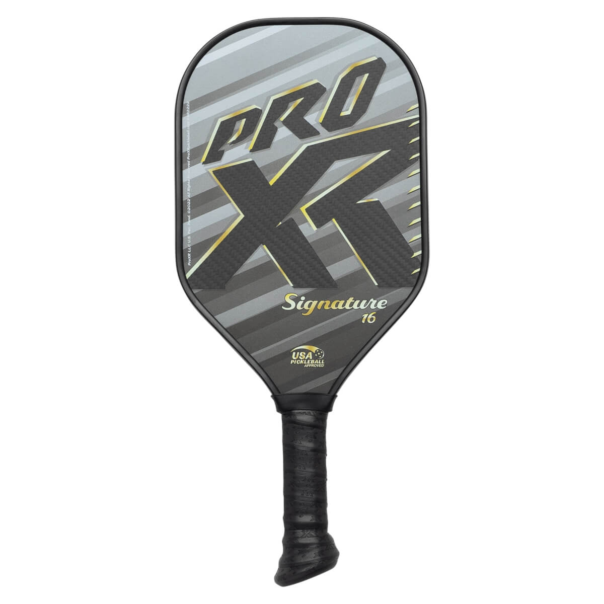 Front view of a black pickleball paddle with PRO XT Signature 16 text and USA Pickleball logo.