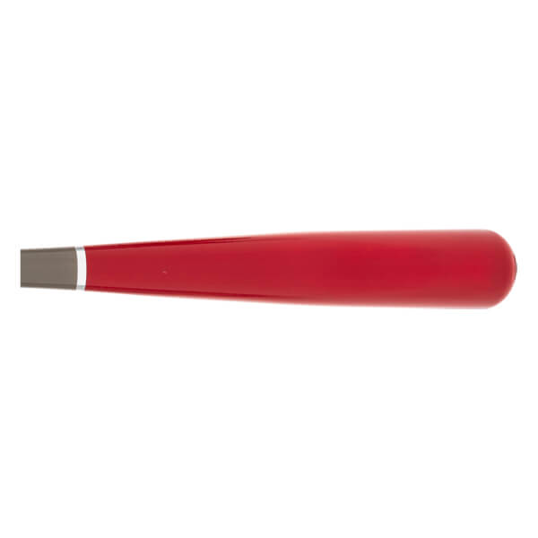 Side view of a red baseball bat with a gray knob and silver ring.