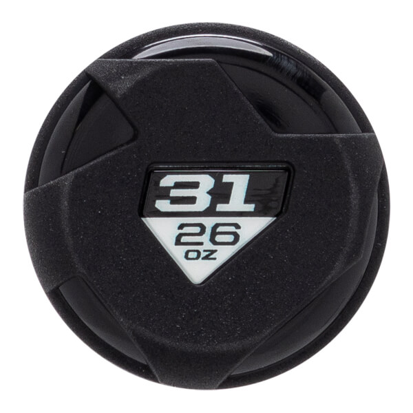 End view of a black baseball bat with 31 and 26 OZ markings.