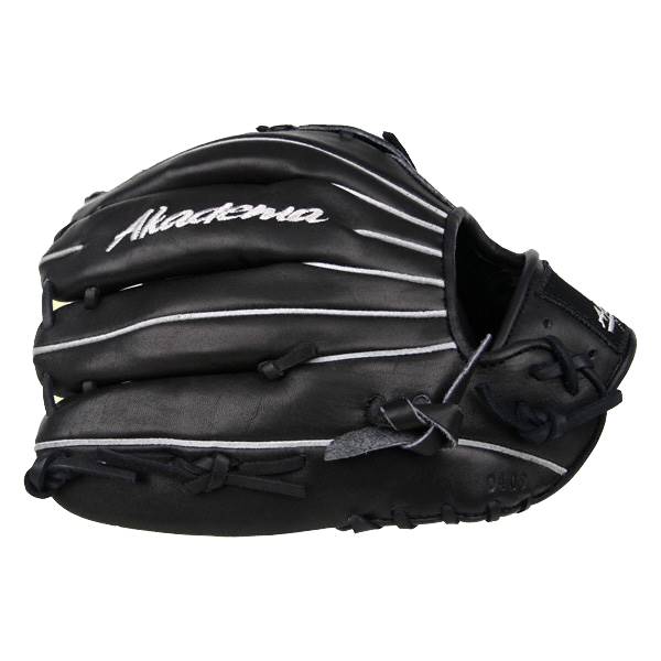 Side view of a black baseball glove with white stitching and Akadema logo.