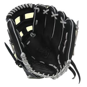 Interior view of a black baseball glove with white lacing and a bull logo.