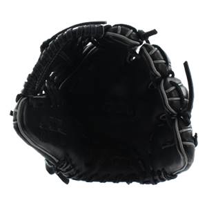Top-down view of a black Wilson A2000 baseball glove with white lacing and a deep pocket.
