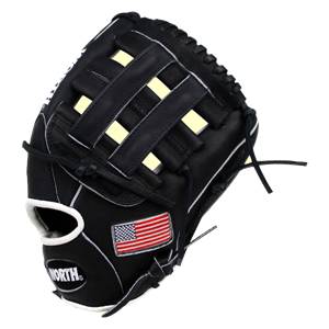 Front view of a black baseball glove with an American flag patch and WORTH logo.