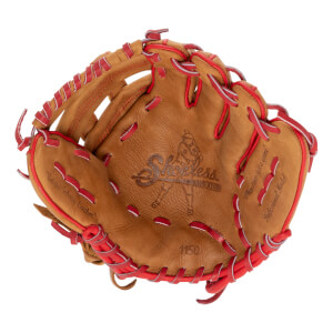 Top-down view of a tan and red baseball glove with an embossed Shoeless Joe logo, red lacing, and 1150 in the pocket.