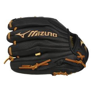 Side view of a black baseball glove with tan lacing and a gold Mizuno logo.