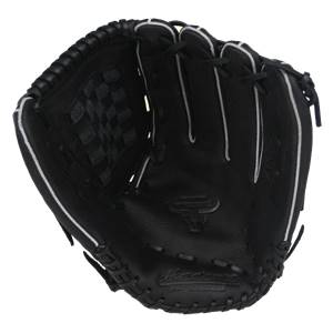 Top-down view of a black baseball glove with white lacing and a checkered palm.