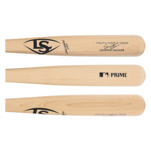 Multiple side views of a natural wood Louisville Slugger Prime youth maple bat with LS logo, MLB PRIME logo, and signature.