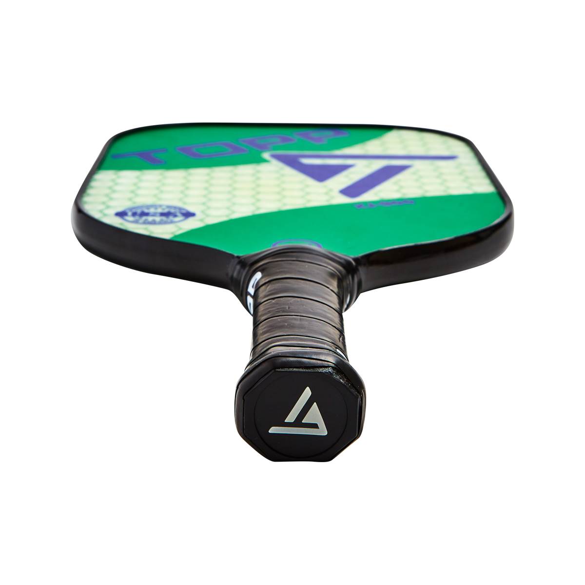 Top-down view of a green and white pickleball paddle with a black grip and a triangular logo.