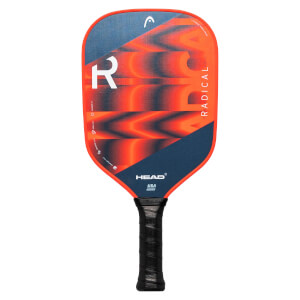 Front view of a blue and orange pickleball paddle with a large white R and RADICAL text.